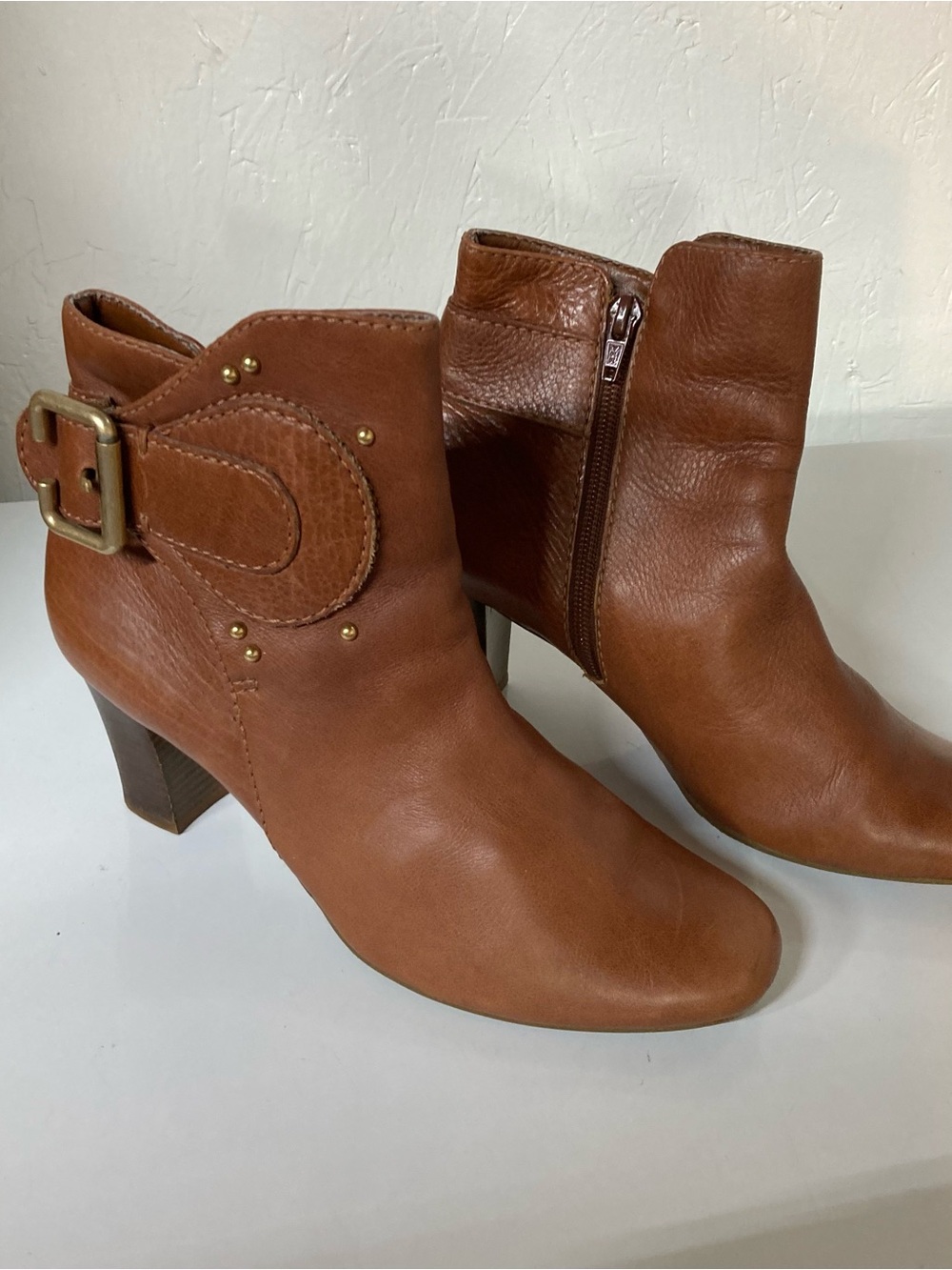 ANTONIO MELANI Cognac Leather Ankle Booties with Buckle Detail inside wear